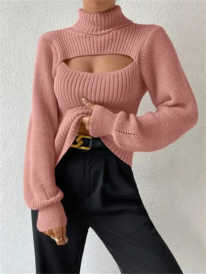 Hollow Out Knit Sweater Pullover For Women Turtleneck Fashion Ribbed High Street Long Sleeve Knitwear Loose Sweater Female