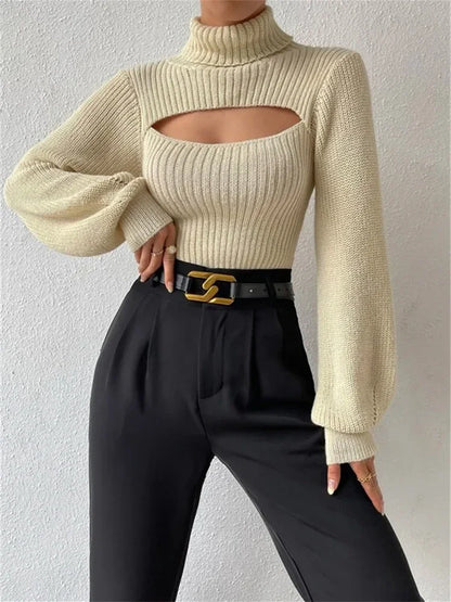Hollow Out Knit Sweater Pullover For Women Turtleneck Fashion Ribbed High Street Long Sleeve Knitwear Loose Sweater Female