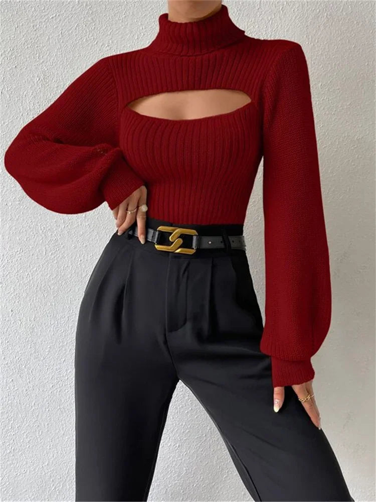 Hollow Out Knit Sweater Pullover For Women Turtleneck Fashion Ribbed High Street Long Sleeve Knitwear Loose Sweater Female