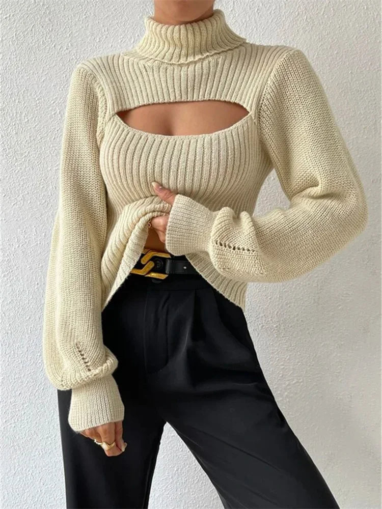 Hollow Out Knit Sweater Pullover For Women Turtleneck Fashion Ribbed High Street Long Sleeve Knitwear Loose Sweater Female