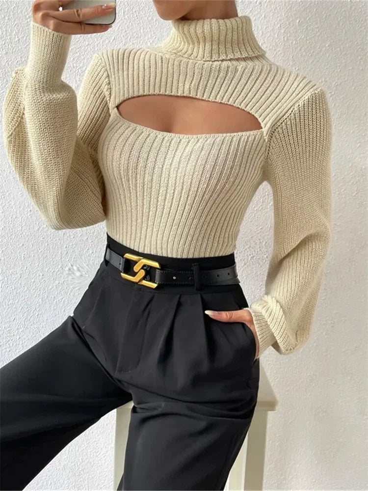 Hollow Out Knit Sweater Pullover For Women Turtleneck Fashion Ribbed High Street Long Sleeve Knitwear Loose Sweater Female