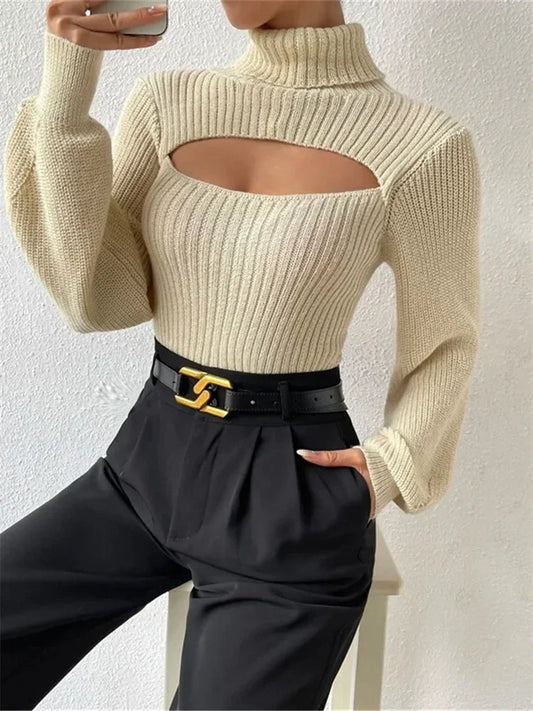 Suéter de punto calado para mujer, jersey de cuello alto acanalado de moda de calle, suéter suelto de manga larga para mujer