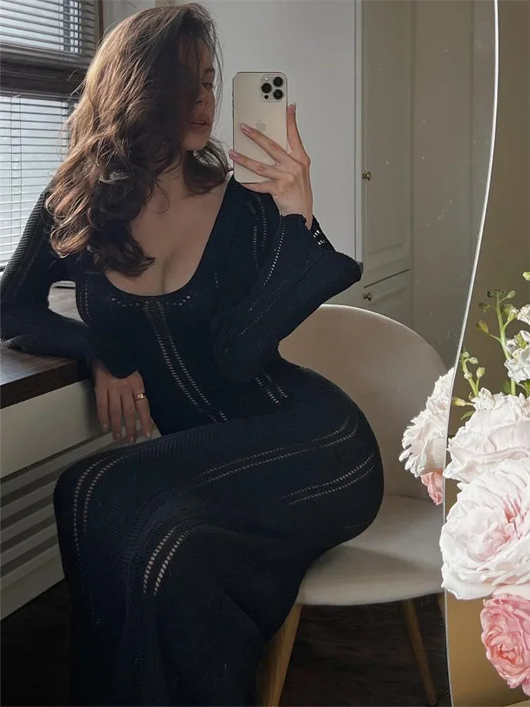 Vestido largo de punto calado con espalda descubierta para mujer, ajustado, de cintura alta, elegante, para fiesta de otoño