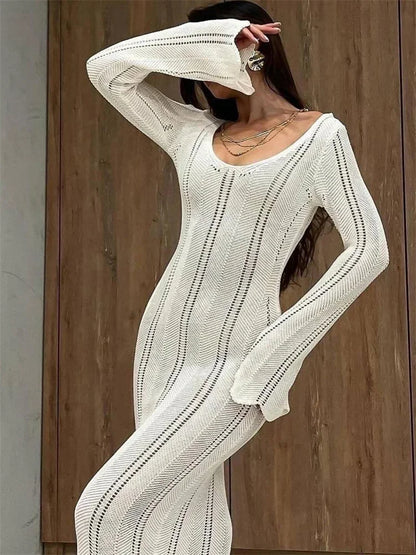Vestido largo de punto calado con espalda descubierta para mujer, ajustado, de cintura alta, elegante, para fiesta de otoño