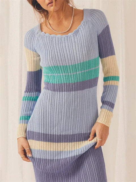 Hollow Out Knitwear Striped Maxi Dress For Women Contrast High Waist Long Sleeve Elegant Holiday Autumn Long Dress Female