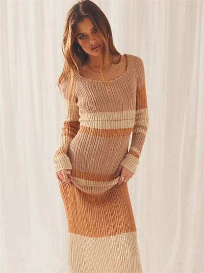 Hollow Out Knitwear Striped Maxi Dress For Women Contrast High Waist Long Sleeve Elegant Holiday Autumn Long Dress Female