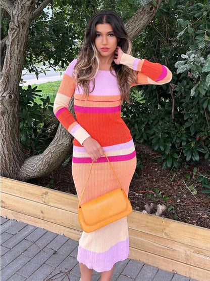 Hollow Out Knitwear Striped Maxi Dress For Women Contrast High Waist Long Sleeve Elegant Holiday Autumn Long Dress Female