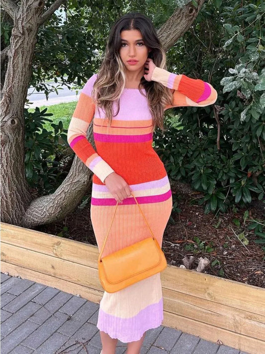 Hollow Out Knitwear Striped Maxi Dress For Women Contrast High Waist Long Sleeve Elegant Holiday Autumn Long Dress Female
