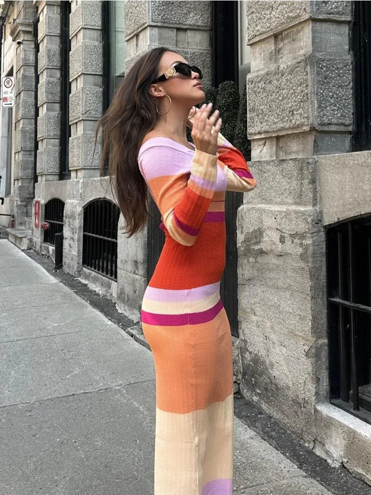 Hollow Out Knitwear Striped Maxi Dress For Women Contrast High Waist Long Sleeve Elegant Holiday Autumn Long Dress Female