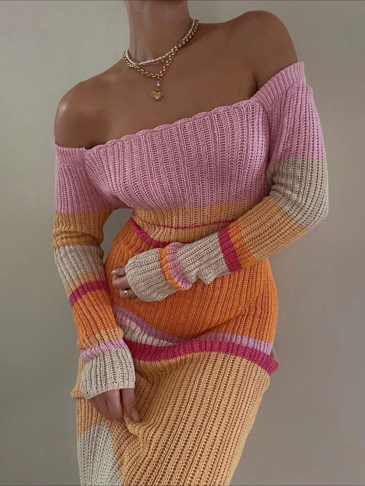 Hollow Out Knitwear Striped Maxi Dress For Women Contrast High Waist Long Sleeve Elegant Holiday Autumn Long Dress Female