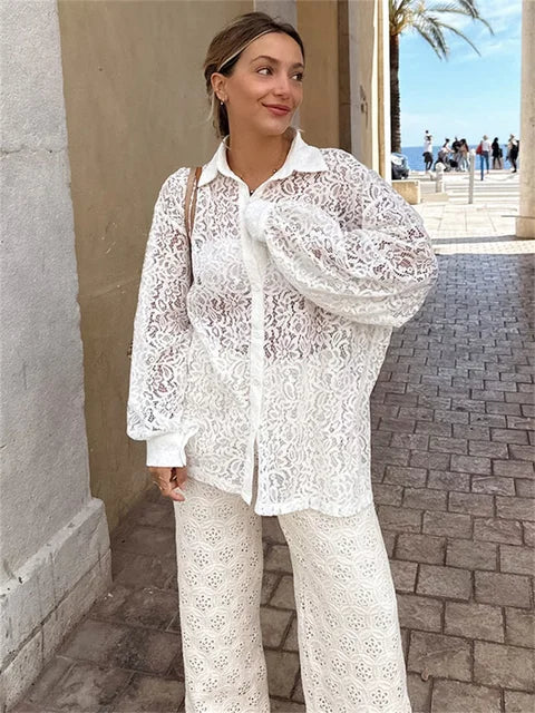 Hollow Out Printed Loose Shirts For Women Fashion Patchwork Lace See-Through Summer Top Long Sleeve Female Casual Blouse