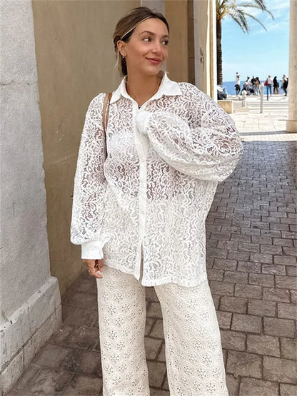 Hollow Out Printed Loose Shirts For Women Fashion Patchwork Lace See-Through Summer Top Long Sleeve Female Casual Blouse