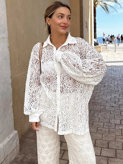 Hollow Out Printed Loose Shirts For Women Fashion Patchwork Lace See-Through Summer Top Long Sleeve Female Casual Blouse