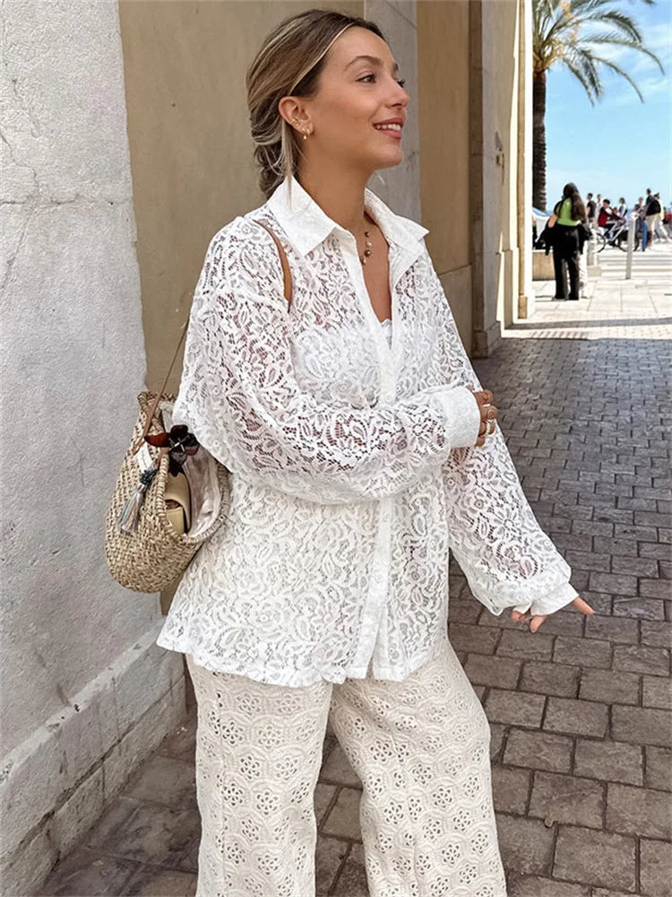 Hollow Out Printed Loose Shirts For Women Fashion Patchwork Lace See-Through Summer Top Long Sleeve Female Casual Blouse