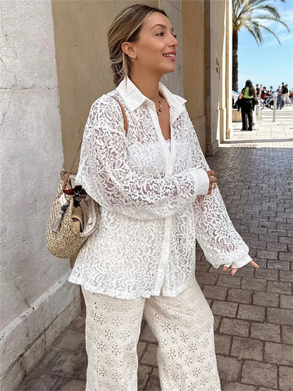Hollow Out Printed Loose Shirts For Women Fashion Patchwork Lace See-Through Summer Top Long Sleeve Female Casual Blouse