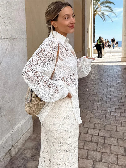 Hollow Out Printed Loose Shirts For Women Fashion Patchwork Lace See-Through Summer Top Long Sleeve Female Casual Blouse