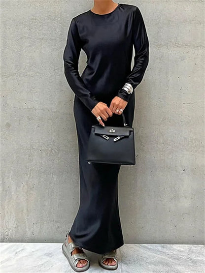 Hollow Out Satin Fashion Maxi Dress Female High Waist Slim Scoop Neck Long Sleeve Dress Solid Zipper Party Dress Summer