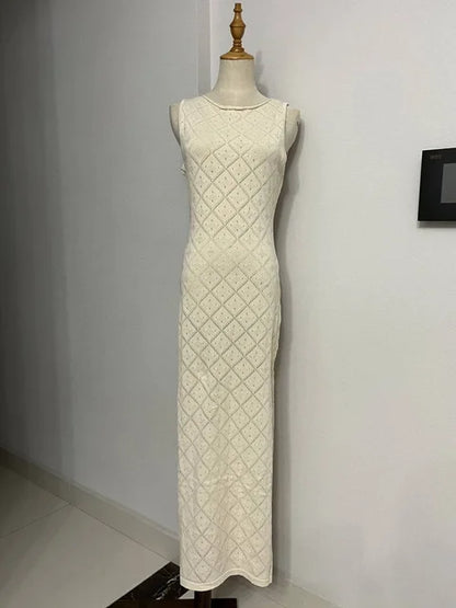 Vestido largo sexy sin mangas con aberturas para mujer, vestido de malla con abertura alta para playa y vacaciones, vestido de punto de retazos para otoño