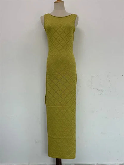 Vestido largo sexy sin mangas con aberturas para mujer, vestido de malla con abertura alta para playa y vacaciones, vestido de punto de retazos para otoño