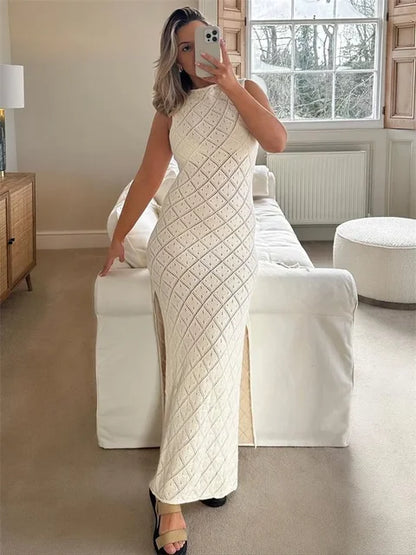 Vestido largo sexy sin mangas con aberturas para mujer, vestido de malla con abertura alta para playa y vacaciones, vestido de punto de retazos para otoño