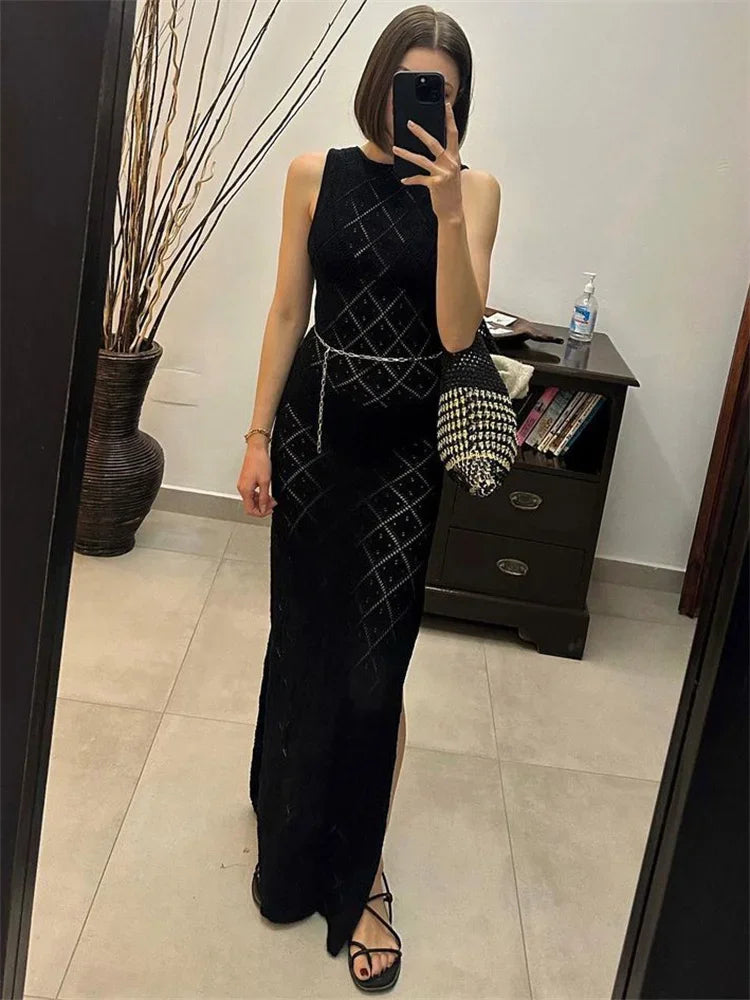Vestido largo sexy sin mangas con aberturas para mujer, vestido de malla con abertura alta para playa y vacaciones, vestido de punto de retazos para otoño