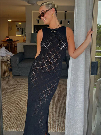 Vestido largo sexy sin mangas con aberturas para mujer, vestido de malla con abertura alta para playa y vacaciones, vestido de punto de retazos para otoño