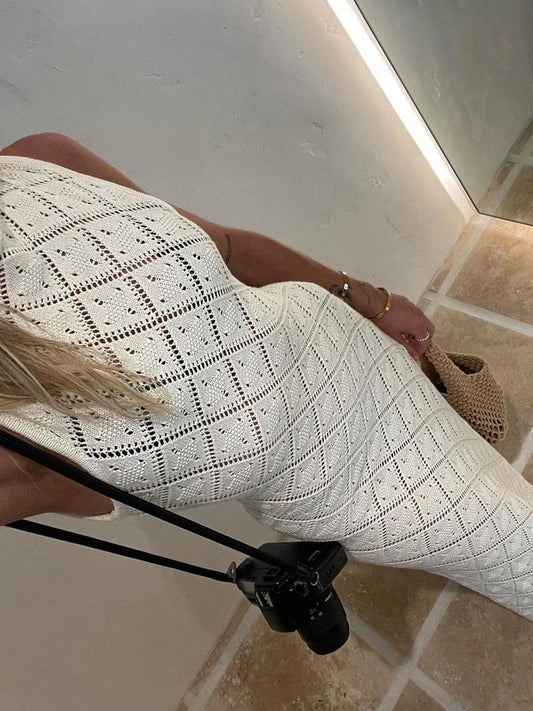 Hollow Out Sleeveless Sexy Maxi Dress Women High Split Fashion Beach Holiday Mesh Dress Patchwork Knitwear Autumn Dress