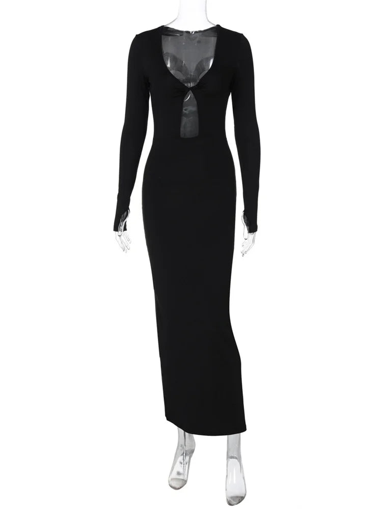 Hollow Out Slim Sexy Maxi Dress For Women V-Neck High Waist Fashion Patchwork Autumn  Party Dress Female Black Dress