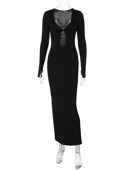 Hollow Out Slim Sexy Maxi Dress For Women V-Neck High Waist Fashion Patchwork Autumn  Party Dress Female Black Dress