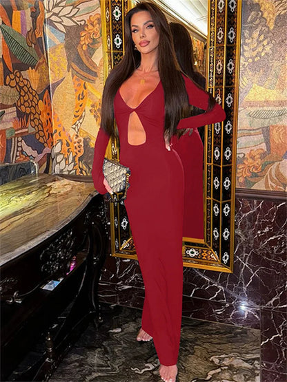 Hollow Out Slim Sexy Maxi Dress For Women V-Neck High Waist Fashion Patchwork Autumn  Party Dress Female Black Dress