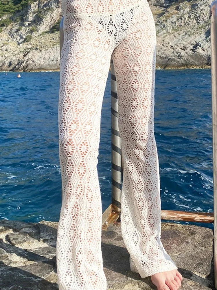 Hollow Out White High Waist Women’s Pants Printed Sexy See-Through Beach Holiday Straight Trousers Fashion Y2k Pants 2025