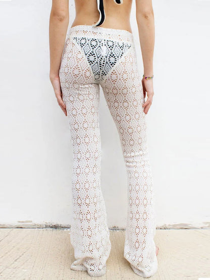 Hollow Out White High Waist Women’s Pants Printed Sexy See-Through Beach Holiday Straight Trousers Fashion Y2k Pants 2025