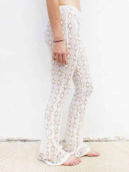 Hollow Out White High Waist Women’s Pants Printed Sexy See-Through Beach Holiday Straight Trousers Fashion Y2k Pants 2025