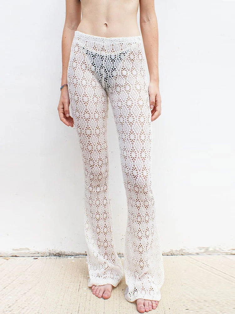 Hollow Out White High Waist Women’s Pants Printed Sexy See-Through Beach Holiday Straight Trousers Fashion Y2k Pants 2025