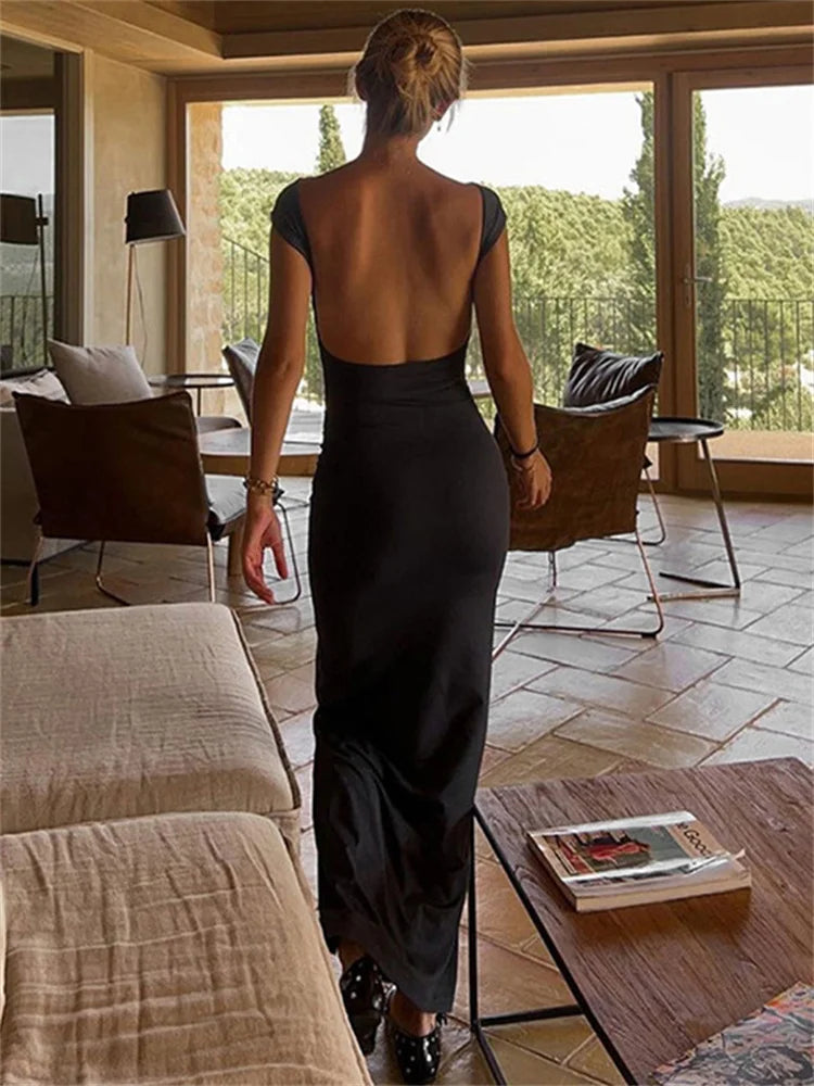 Hot Backless Black Dress – Sleeveless Patchwork High Waist Solid Long Dress
