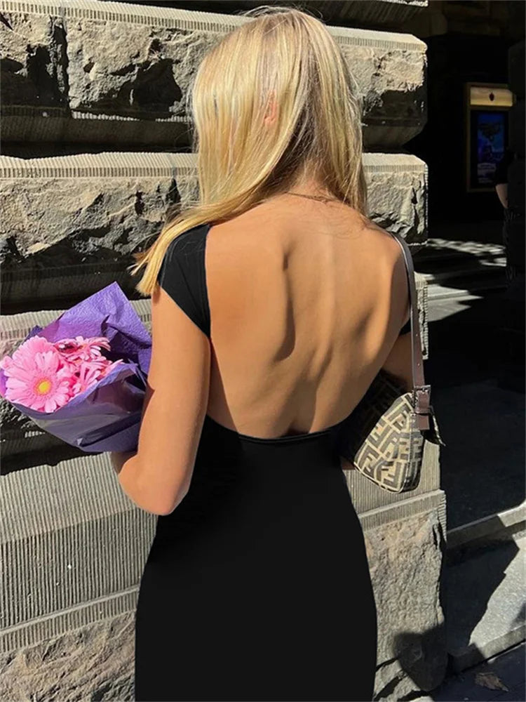 Hot Backless Black Dress – Sleeveless Patchwork High Waist Solid Long Dress