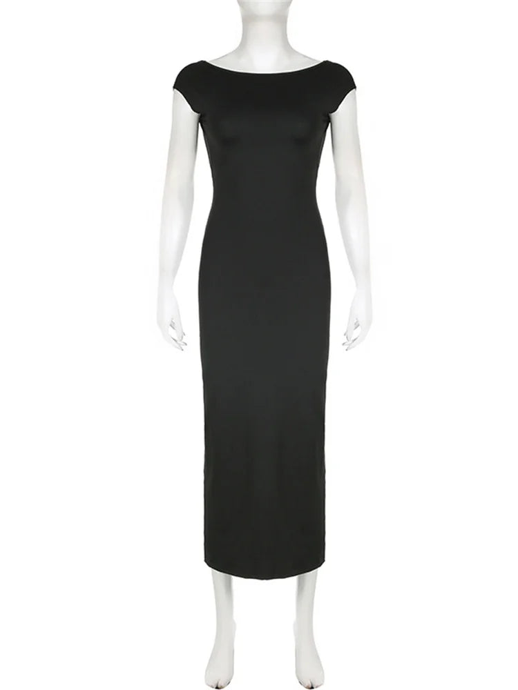 Hot Backless Black Dress – Sleeveless Patchwork High Waist Solid Long Dress