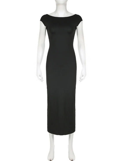 Hot Backless Black Dress – Sleeveless Patchwork High Waist Solid Long Dress
