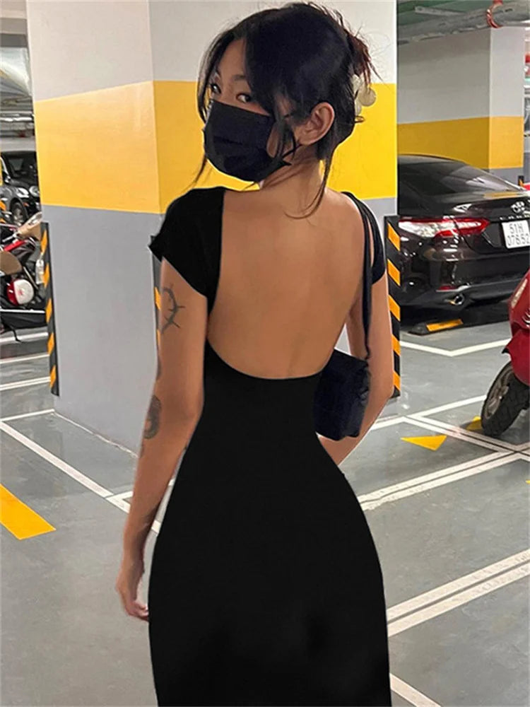 Hot Backless Black Dress – Sleeveless Patchwork High Waist Solid Long Dress