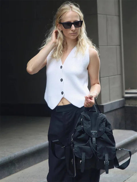 Knit Casual Ribbed Vest Cardigan For Women Solid Slim V-Neck Sleeveless High Waist Outwear Female Loose Knit Vest Sweater