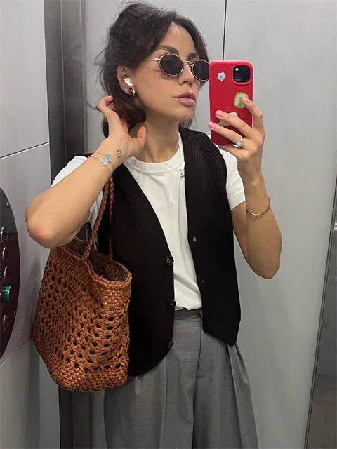 Knit Casual Ribbed Vest Cardigan For Women Solid Slim V-Neck Sleeveless High Waist Outwear Female Loose Knit Vest Sweater