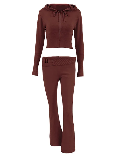 Trendy Knit 2-Piece Set: Women’s Hoodie Tracksuit & Crop Top Knitwear Pants