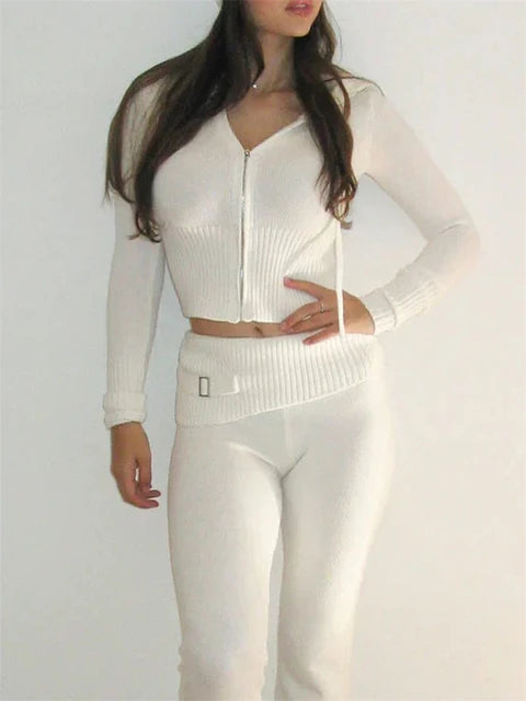 Trendy Knit 2-Piece Set: Women’s Hoodie Tracksuit & Crop Top Knitwear Pants