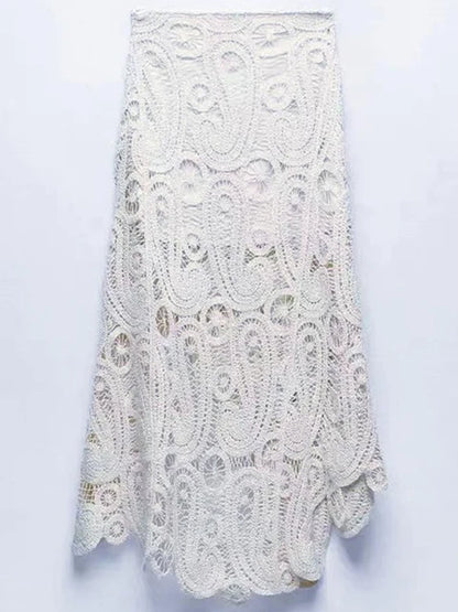 Knit Hollow Out 2 Piece-Set Long Skirt Women See-Through Sexy Patchwork Cropped Top And Maxi Skirt Sets Knitwear Outfits
