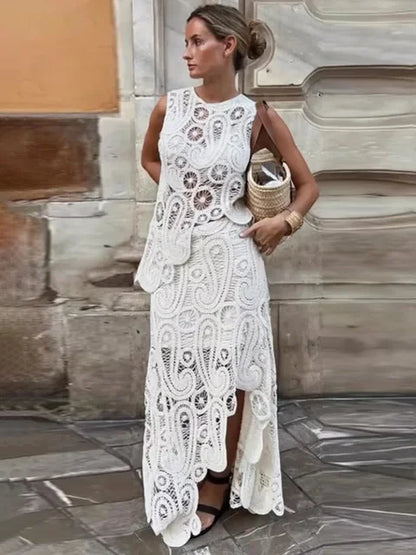 Knit Hollow Out 2 Piece-Set Long Skirt Women See-Through Sexy Patchwork Cropped Top And Maxi Skirt Sets Knitwear Outfits
