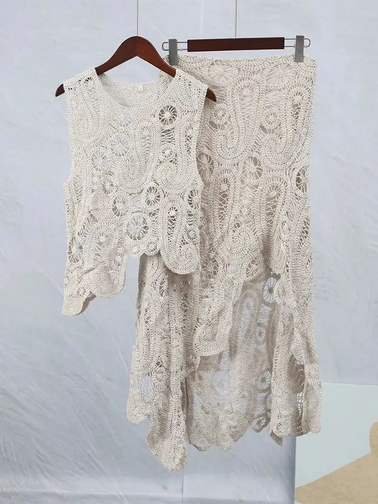 Knit Hollow Out 2 Piece-Set Long Skirt Women See-Through Sexy Patchwork Cropped Top And Maxi Skirt Sets Knitwear Outfits