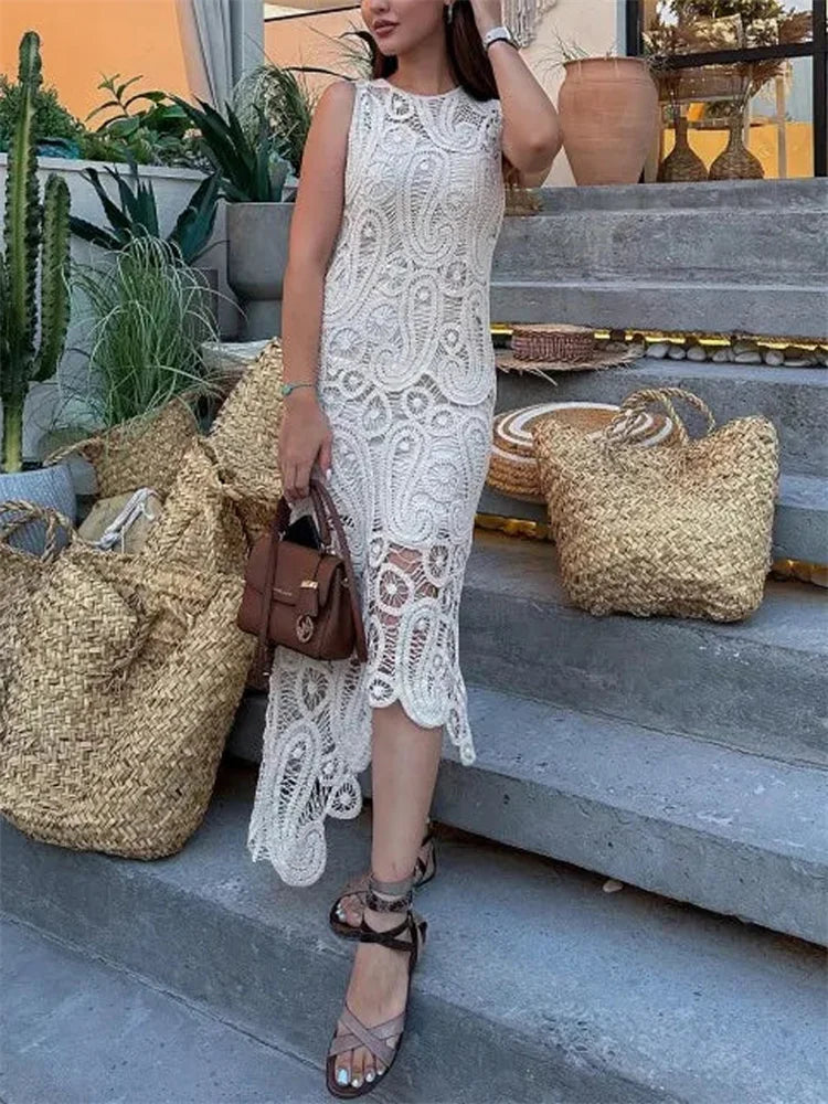 Knit Hollow Out 2 Piece-Set Long Skirt Women See-Through Sexy Patchwork Cropped Top And Maxi Skirt Sets Knitwear Outfits
