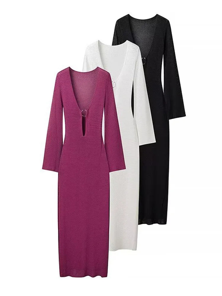Vestido de otoño de punto calado para mujer, transparente, con escote en V, sin espalda, informal, para playa, vacaciones, maxivestido de punto, vestido de mujer nuevo