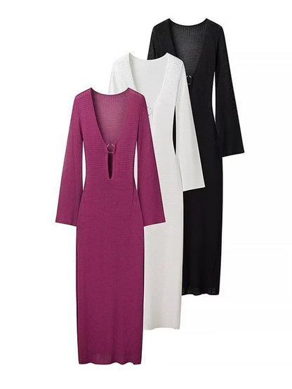 Vestido de otoño de punto calado para mujer, transparente, con escote en V, sin espalda, informal, para playa, vacaciones, maxivestido de punto, vestido de mujer nuevo