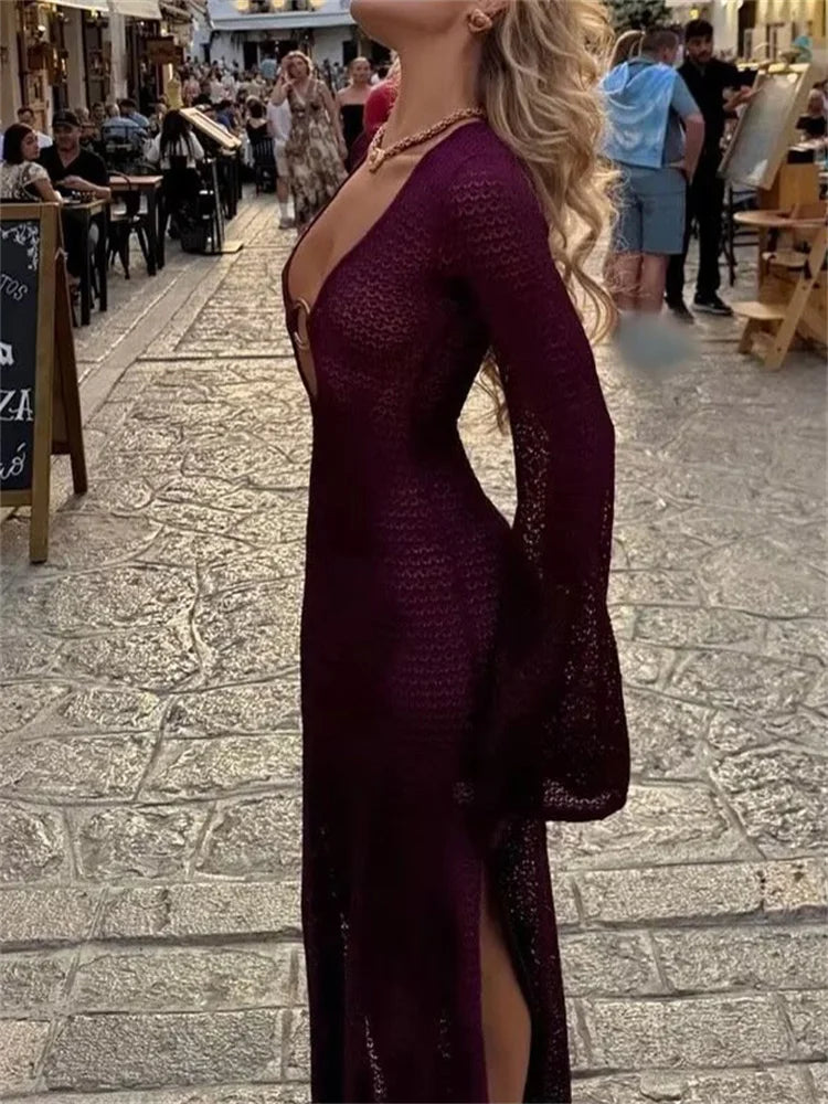 Vestido de otoño de punto calado para mujer, transparente, con escote en V, sin espalda, informal, para playa, vacaciones, maxivestido de punto, vestido de mujer nuevo